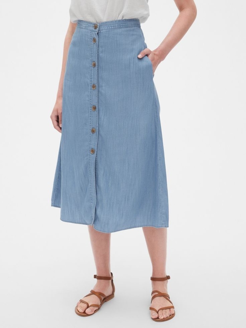 GAP Chambray Blue Button-Front Midi Skirt